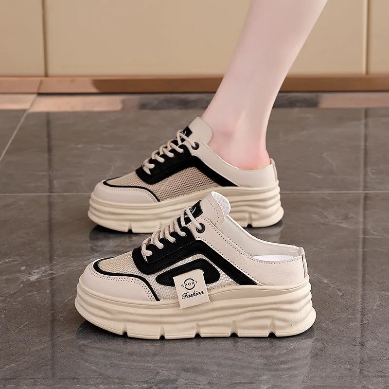 Women's mesh half slippers with height increasing insole in black, khaki or white