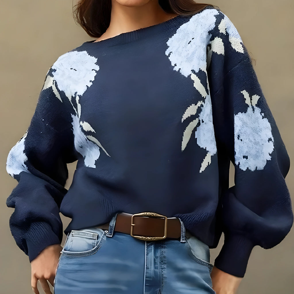 Sapphire Blue women's pullover sweater with flower jacquard pattern and loose casual fit
