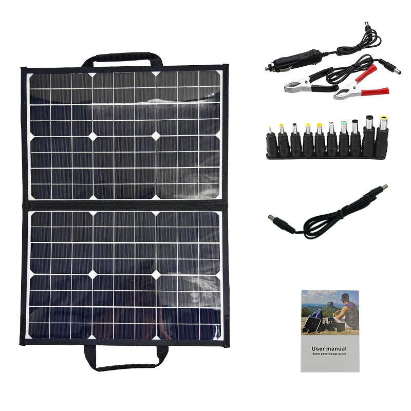 Black 40W monocrystalline solar panel folded inside its portable bag.