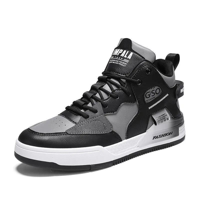 Men's canvas high-top sports casual shoes in khaki with PU upper, rubber sole, and slingback design on a white background.