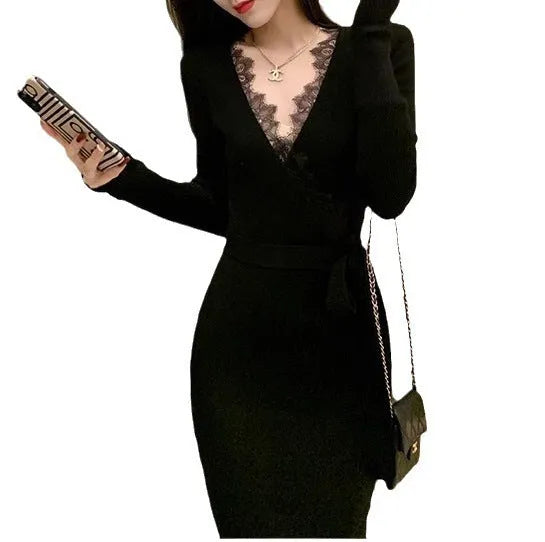 Black slim fit woolen skirt with princess dress styling on mannequin