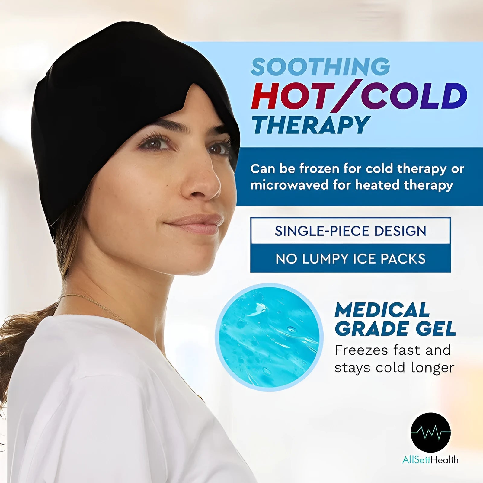 Black migraine relief hat with Lycra elastic cloth and gel pack on head model