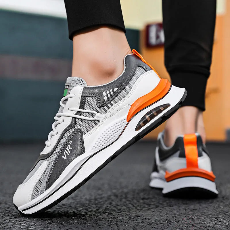 Men's grey mesh casual shoes with round toe and sewing thread details for summer running