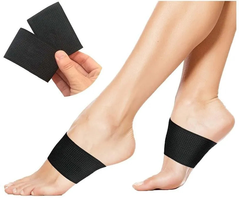 A pair of white elastic PU arch support bandages for flat feet, shown in ordinary and full heart styles.