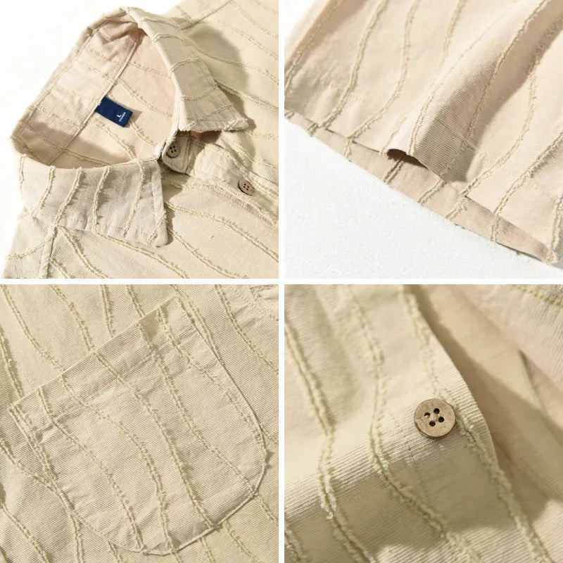 Men's pure cotton short sleeve casual shirt in apricot colour with Japanese fresh style and loose fit