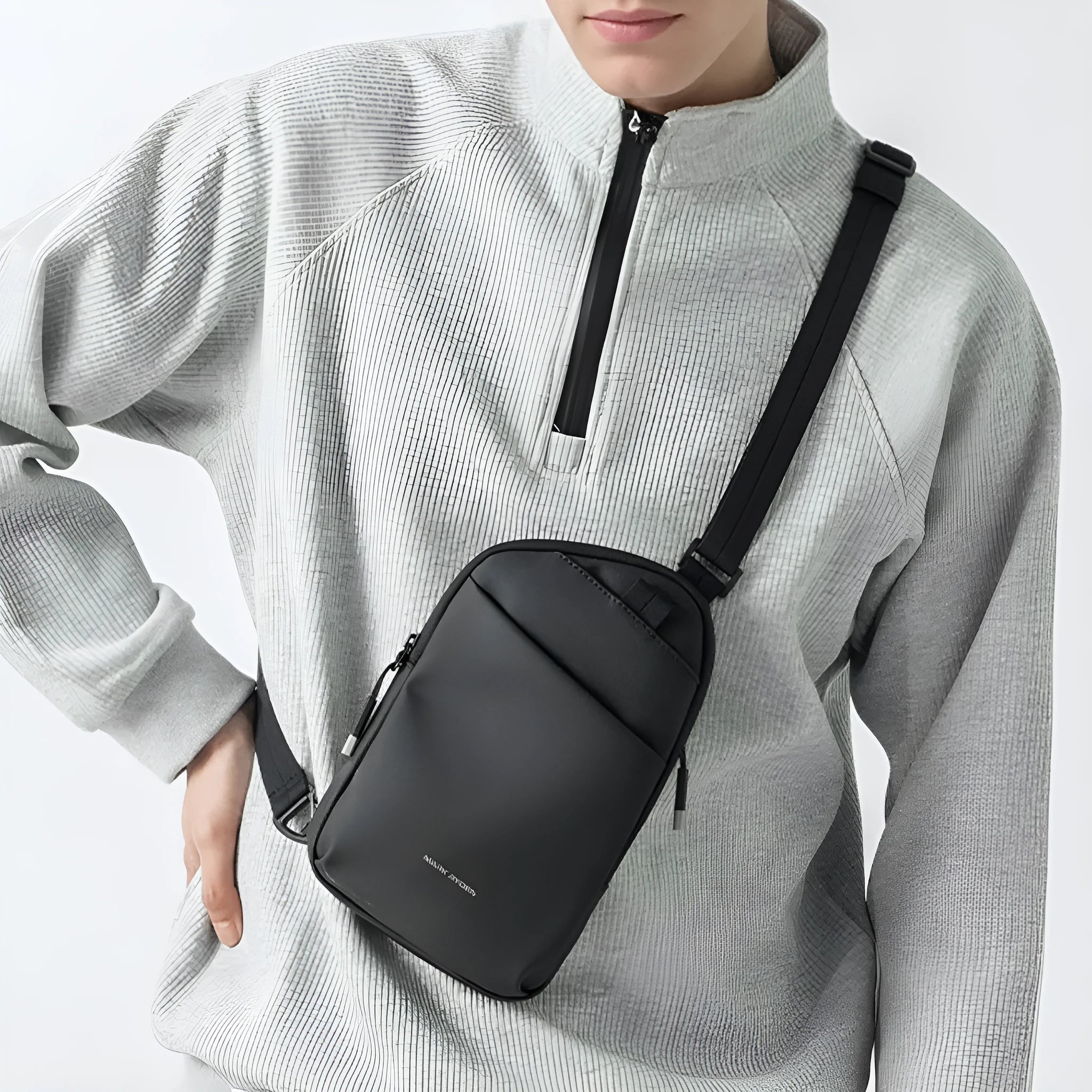 Men's black Oxford cloth crossbody bag with reinforced sewing thread construction