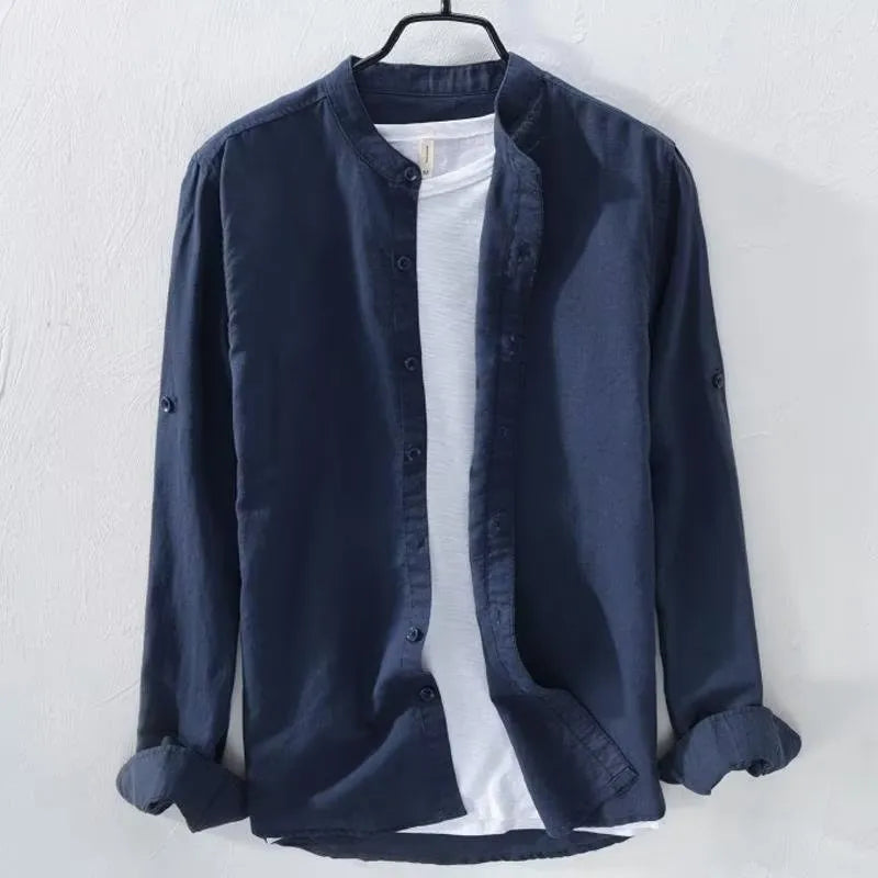 Loose fit cotton linen casual long sleeve shirt in solid colour options including dark blue, light blue, khaki, grey, and white
