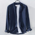 Loose fit cotton linen casual long sleeve shirt in solid colour options including dark blue, light blue, khaki, grey, and white