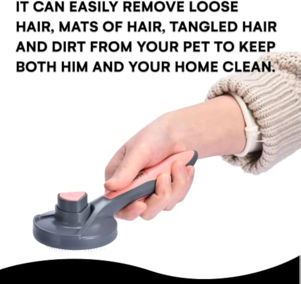 Self-cleaning slicker brush for cats and dogs with one-click button in grey, green, or pink colours