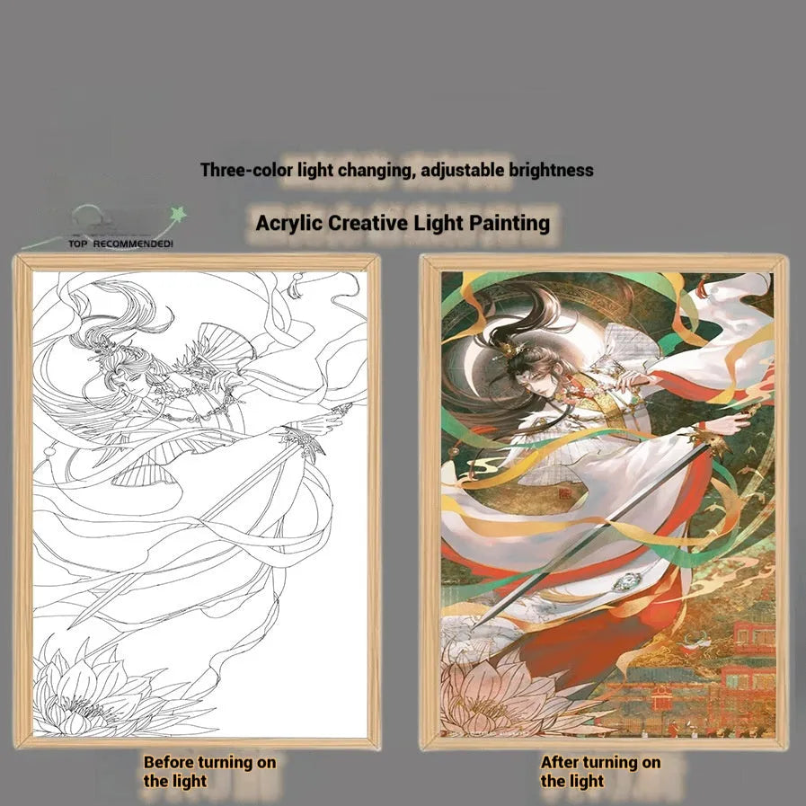 Wooden framed decorative painting of Huacheng and Xie Lian from Tian Guan Ci Fu with USB light option