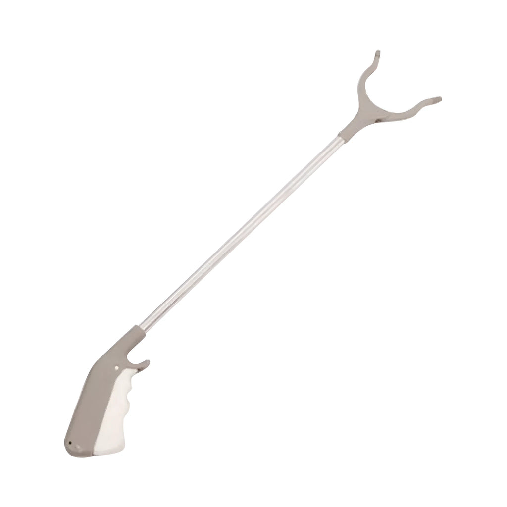Stainless steel long-handled grabber tool with push-type handle for one-handed operation