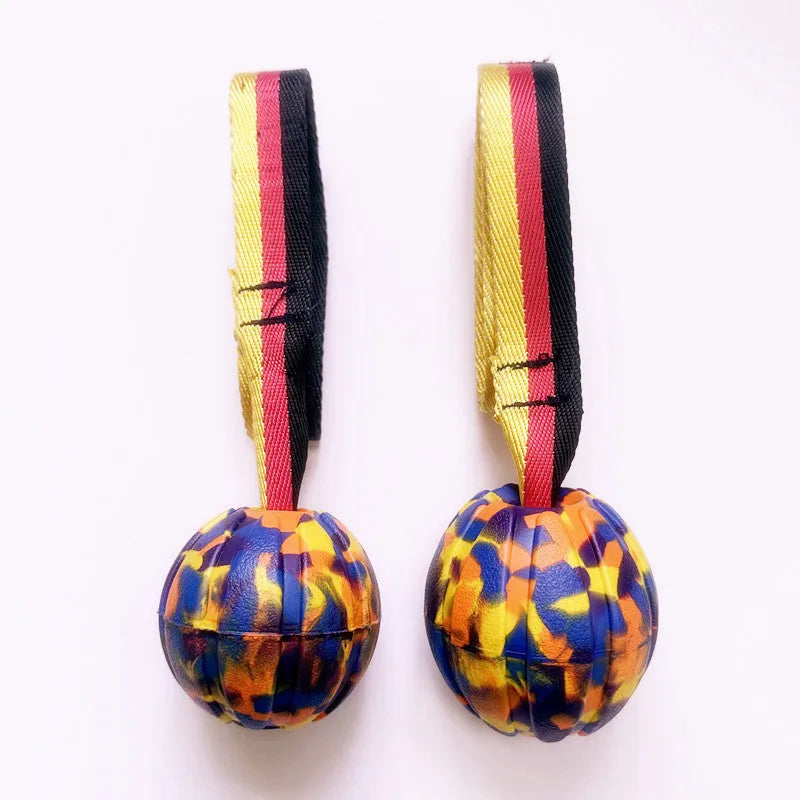 Floating camouflage and yellow EVA tetherball dog toys in three sizes: 6.5cm, 7cm, and 9cm diameters
