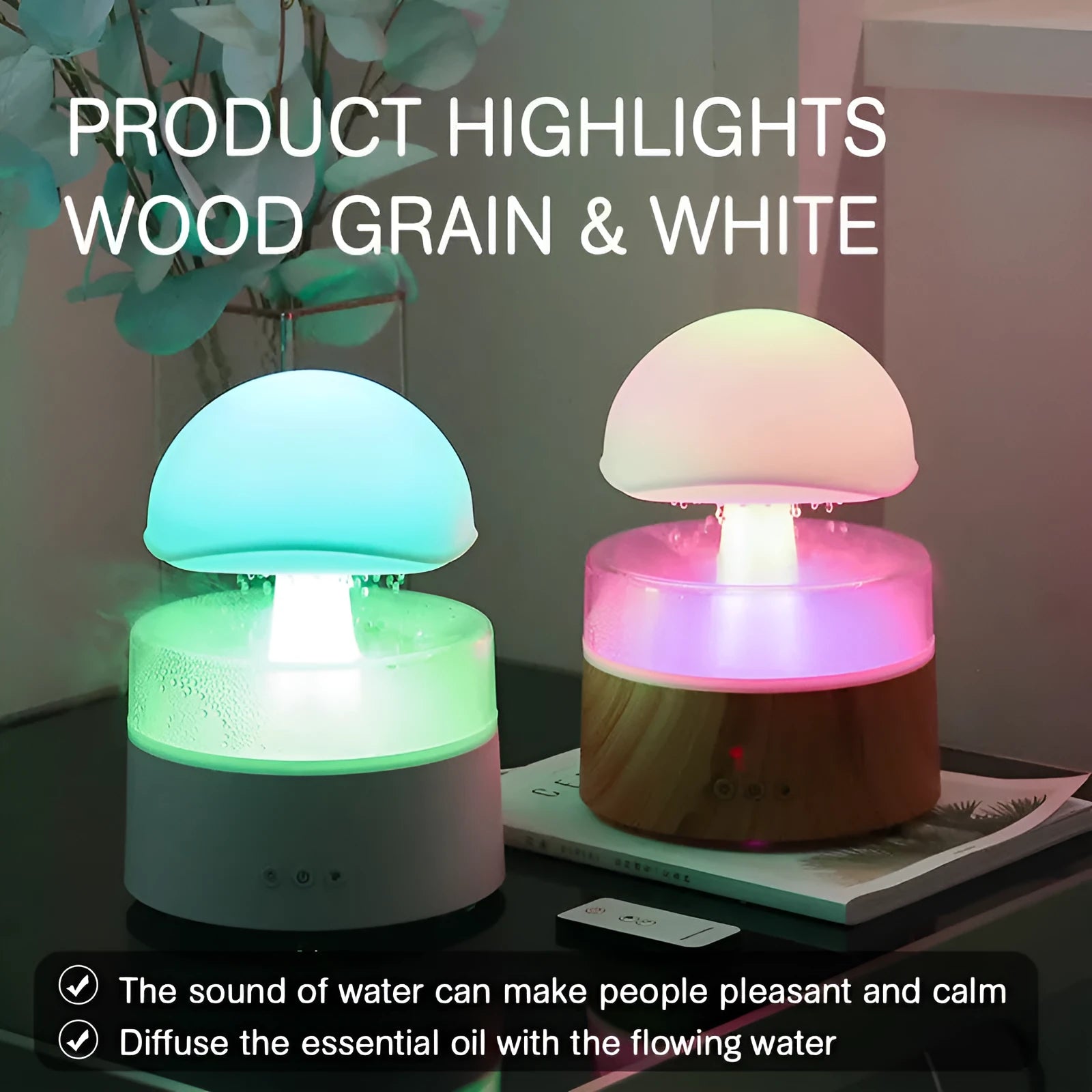 White cloud-shaped humidifier with LED lights and simulated rainfall, includes remote control