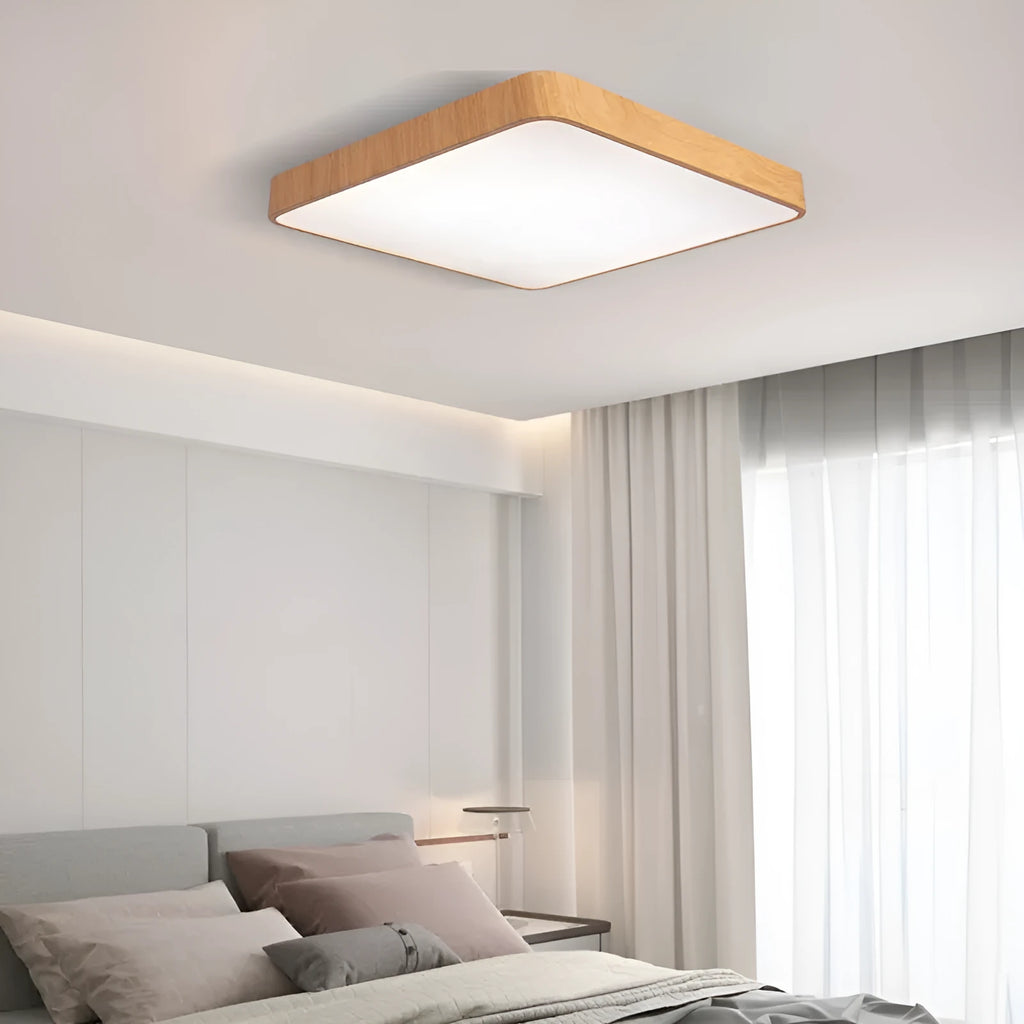 Modern square LED wall light with iron frame in wood grain finish, mounted on a wall.