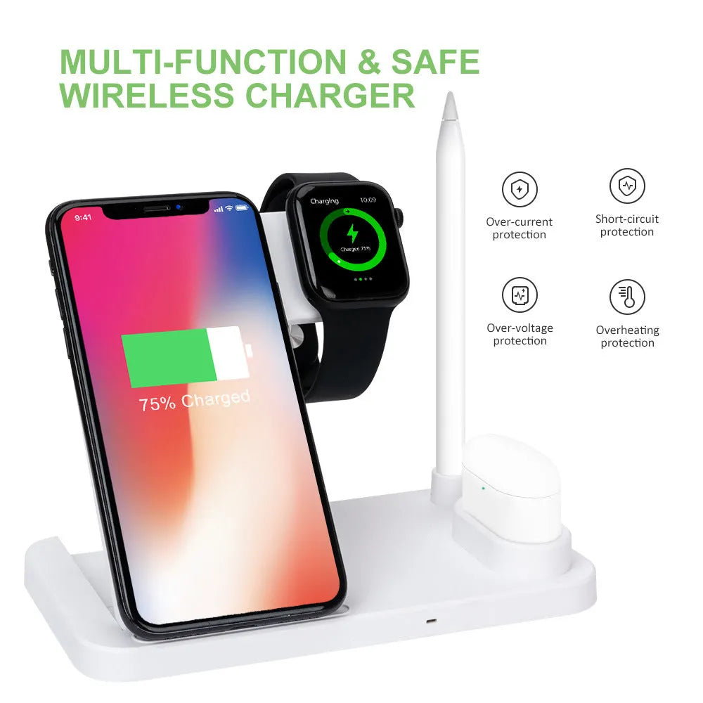 Folding 4-in-1 wireless charger showing iPhone, Apple Watch, and AirPods charging simultaneously in vertical stand orientation