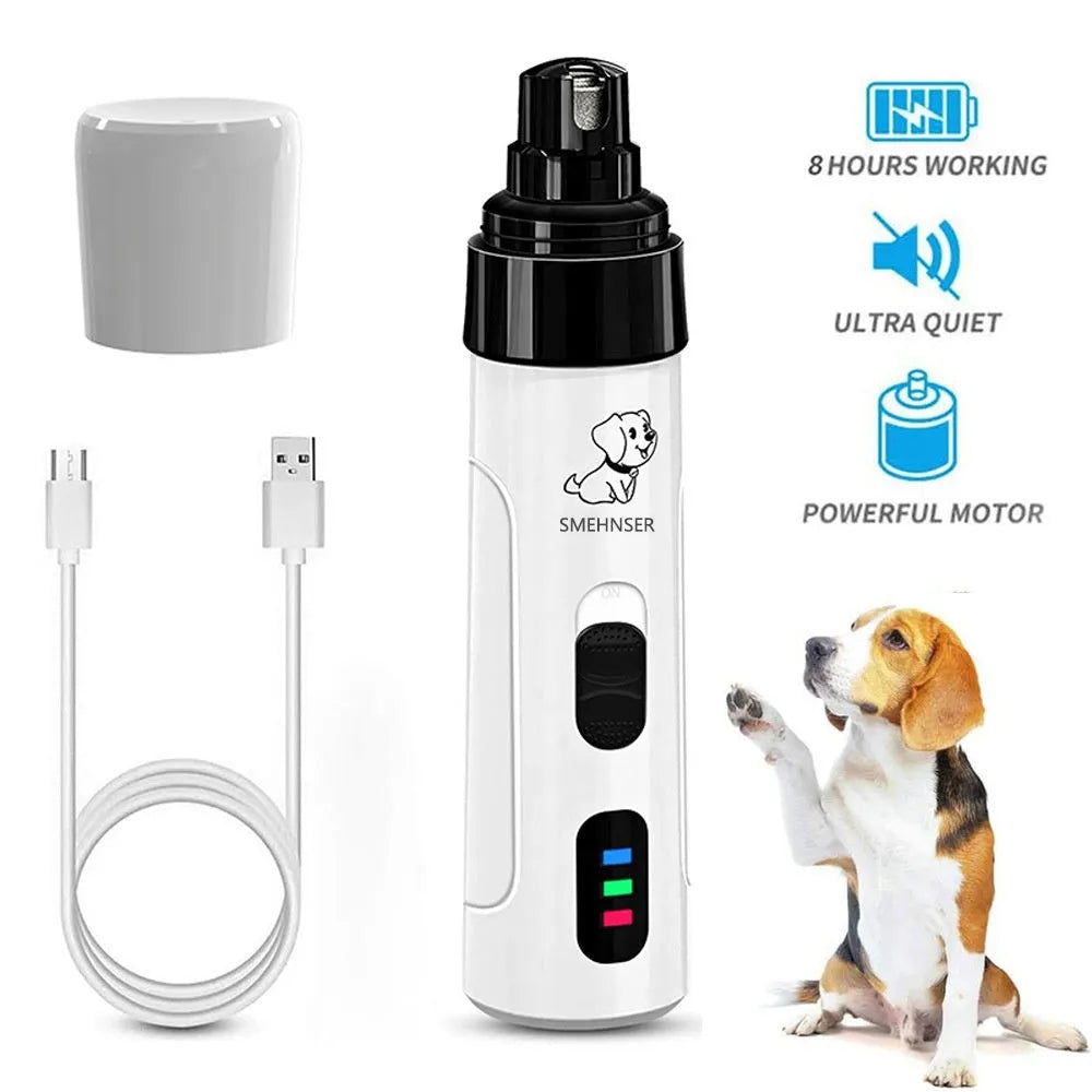 White electric pet nail trimmer with LED indicator light and dust collection chamber for dogs
