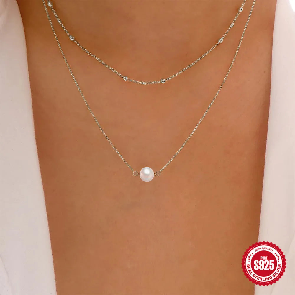 S925 sterling silver double layer pearl necklace with twin pearls and geometric design