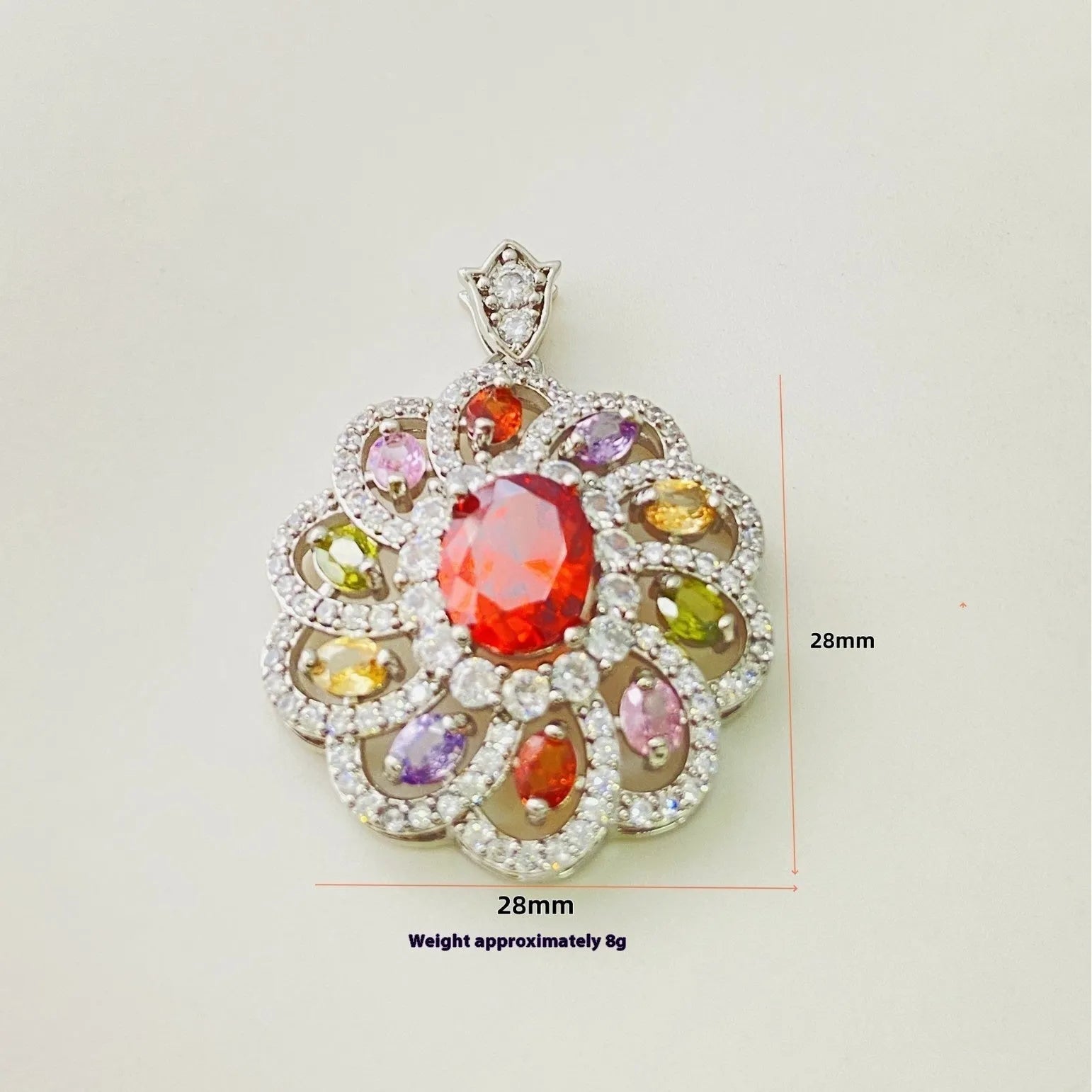 Women's zircon flower pendant necklace showing gold, champagne gold and platinum colour options with and without chain
