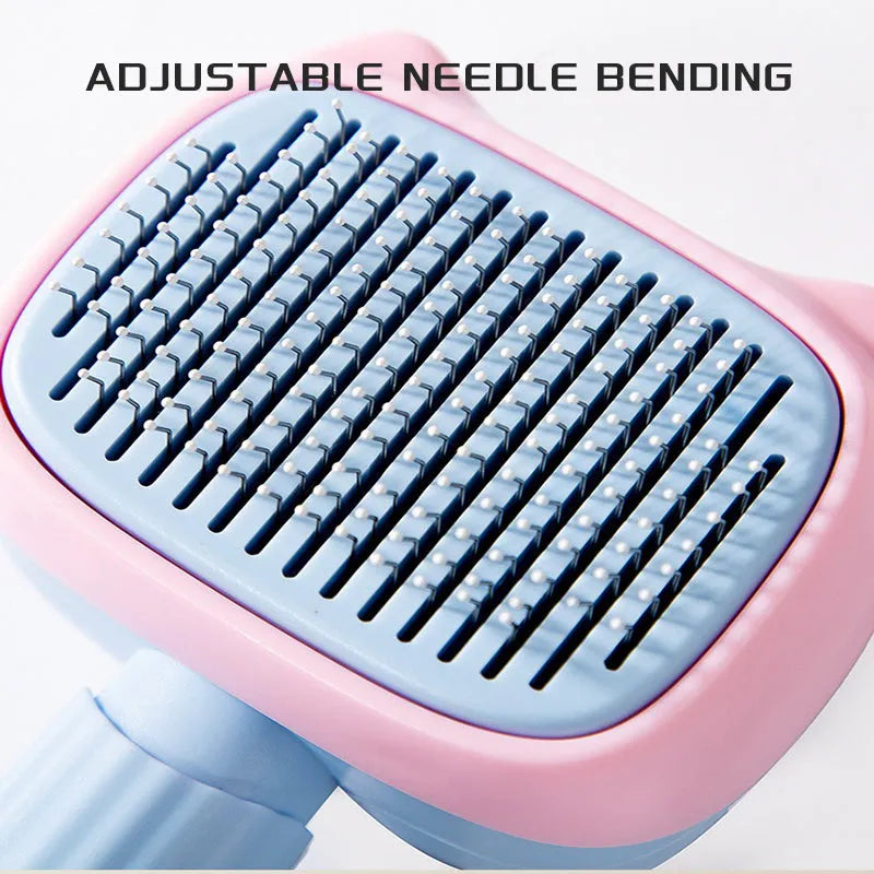 Blue double-sided pet grooming brush with deshedding rake and dematting comb