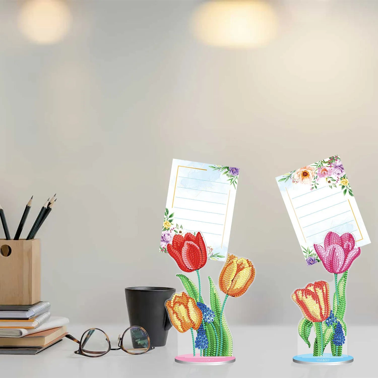 Frameless American-style handmade diamond painting note clip on a desk, measuring 19cm long.