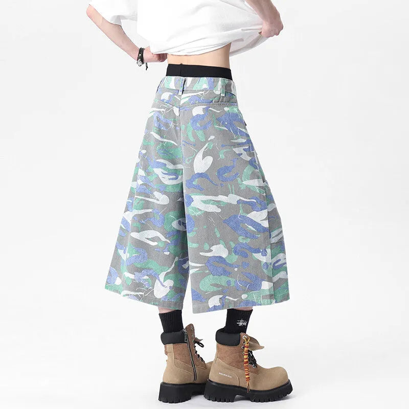 Men's camouflage colour cotton denim cropped workwear trousers with a straight leg and zipper fly.