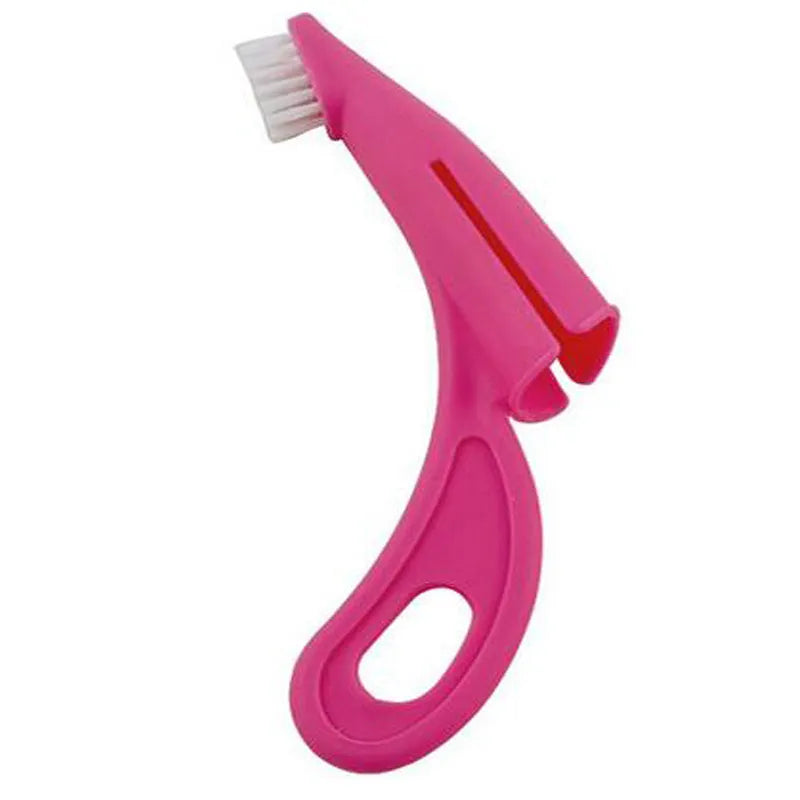 Red and white finger-sleeve pet toothbrush with soft silicone bristles for dog and cat dental cleaning.