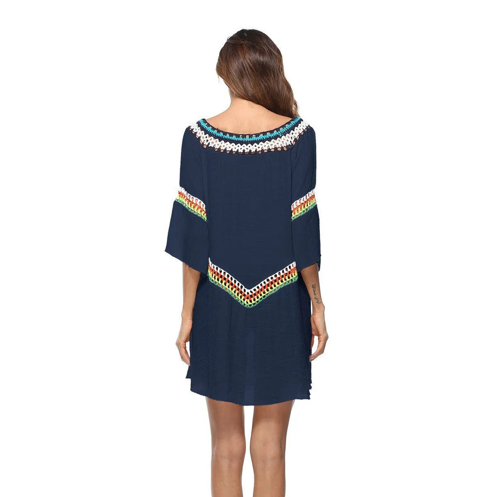 Crocheted ethnic style beach clothing for women in apricot colour with sun protection for swimming