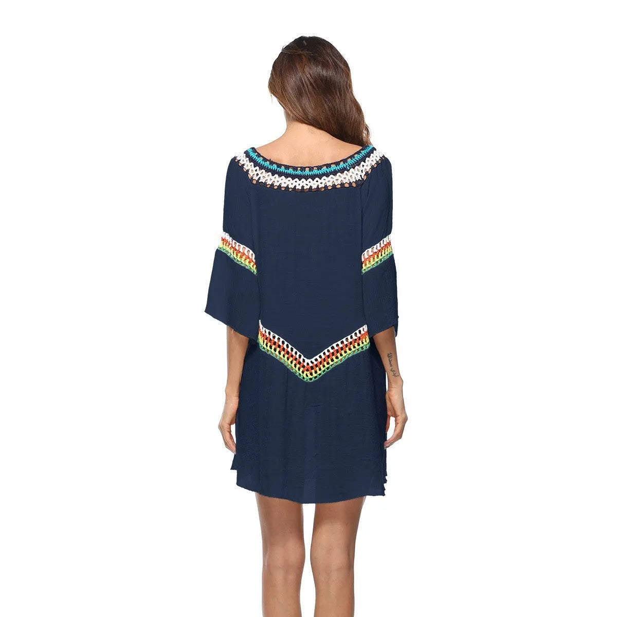 Crocheted ethnic style beach clothing for women in apricot colour with sun protection for swimming