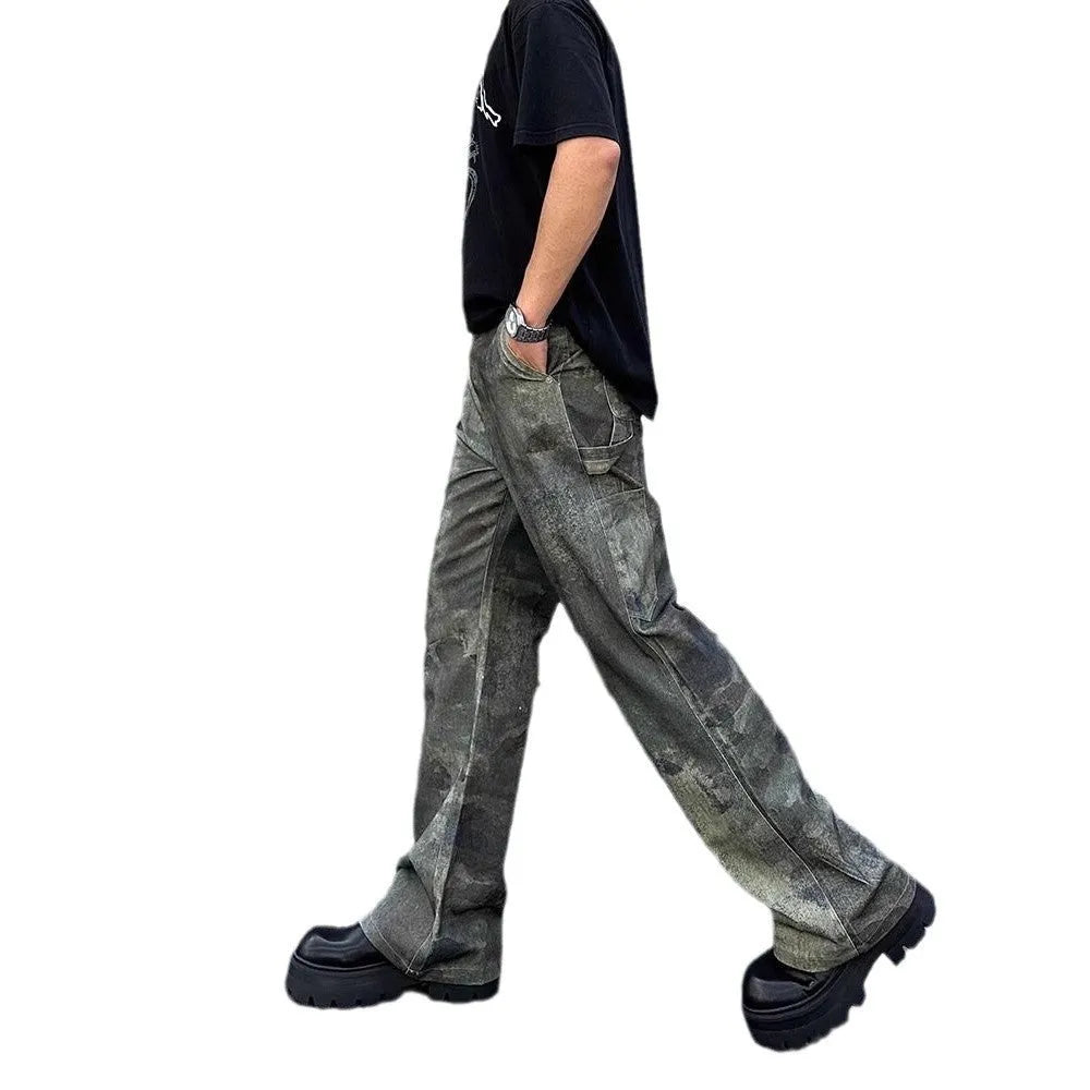 Men's digital camouflage straight leg jeans in cotton denim with retro pattern and mid waist fit