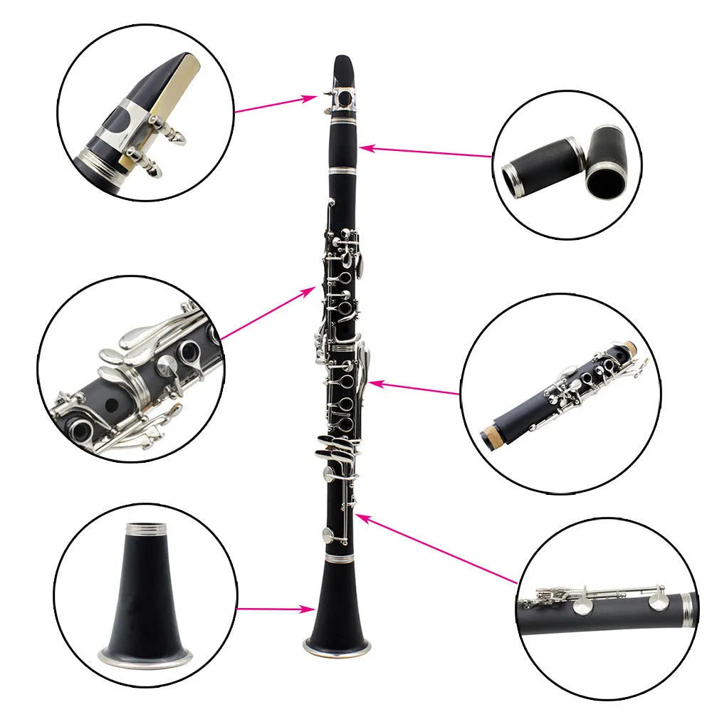 Black bakelite beginner clarinet with 17 nickel-plated keys and protective storage bag