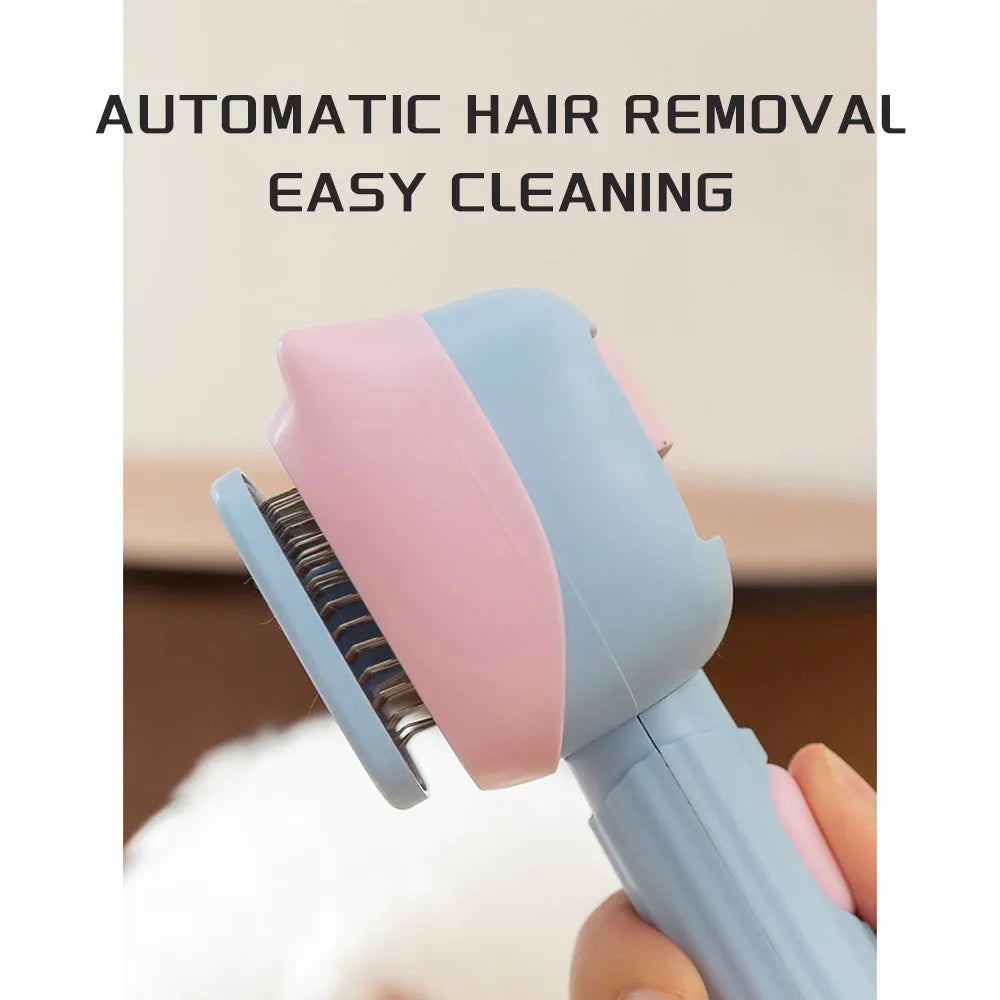 Blue double-sided pet grooming brush with deshedding rake and dematting comb