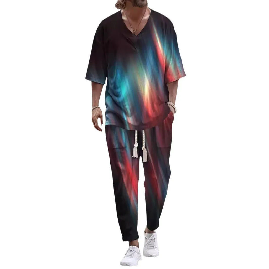 Cropped sleeves v-neck trousers suit in thin polyester fabric with coordinating jacket and trousers