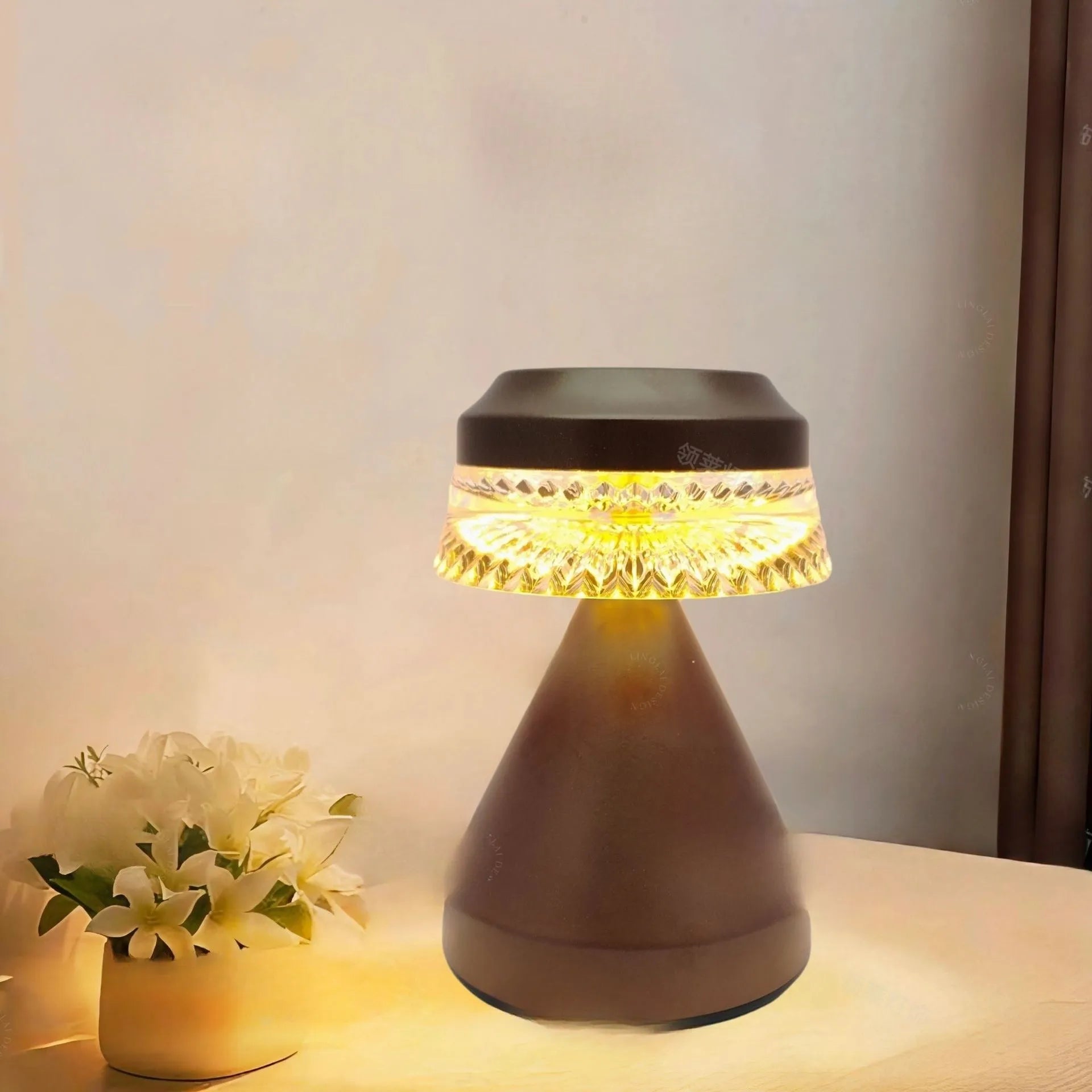 Modern black USB LED bedside lamp with three-colour dimming on wooden table