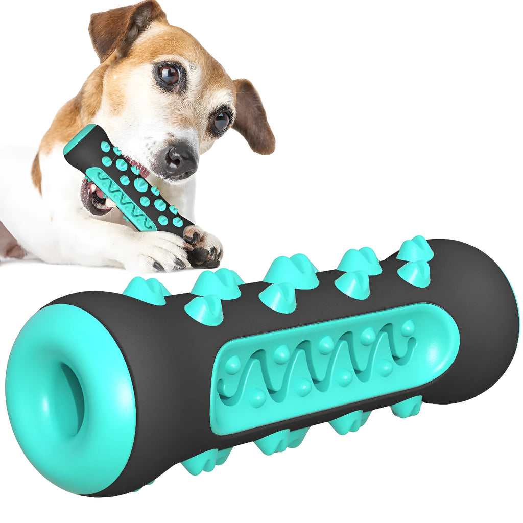 A blue natural rubber dog dental chew toy shaped as a textured stick, measuring 15cm long.
