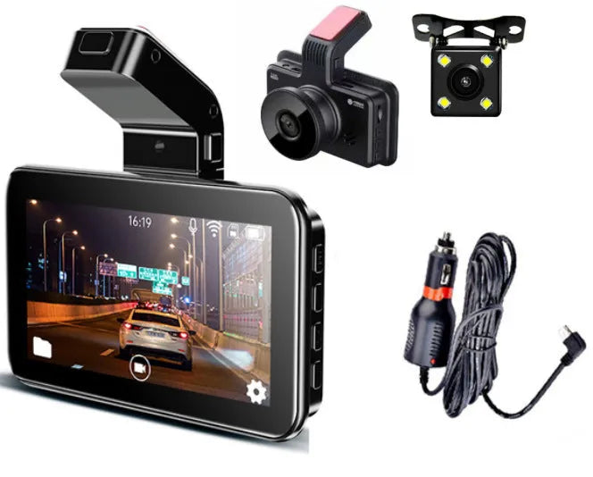 Car dashboard camera with 3-inch screen showing dual lens recording system for front and rear video capture