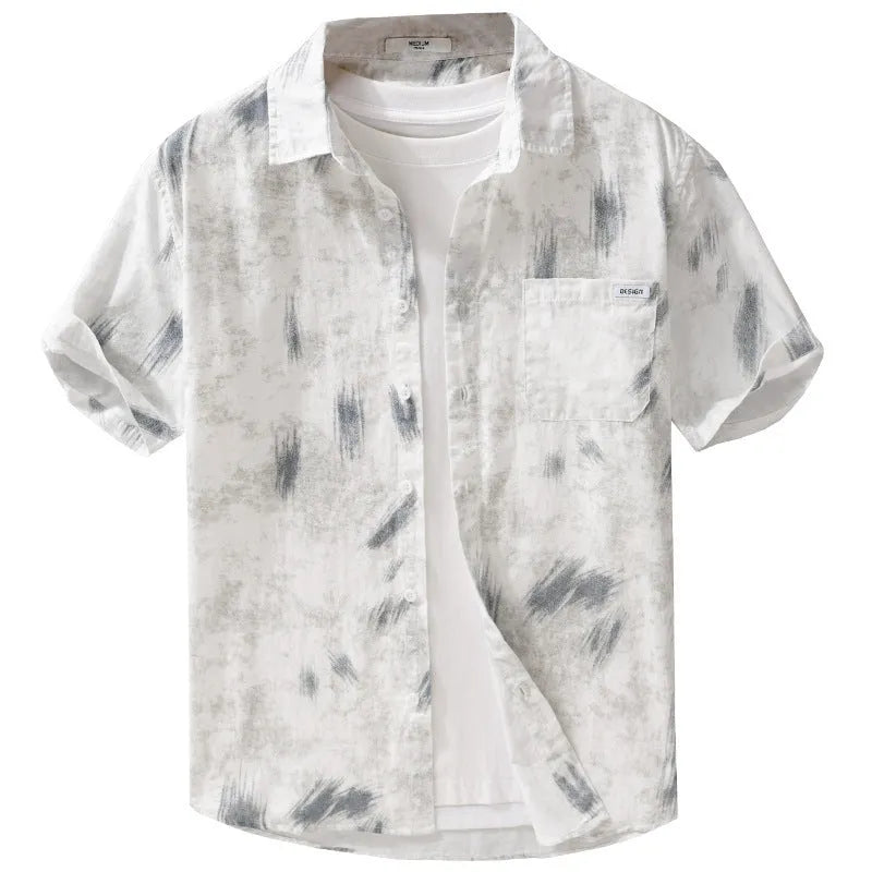 Men's light green floral print cotton cardigan with short sleeves on a hanger