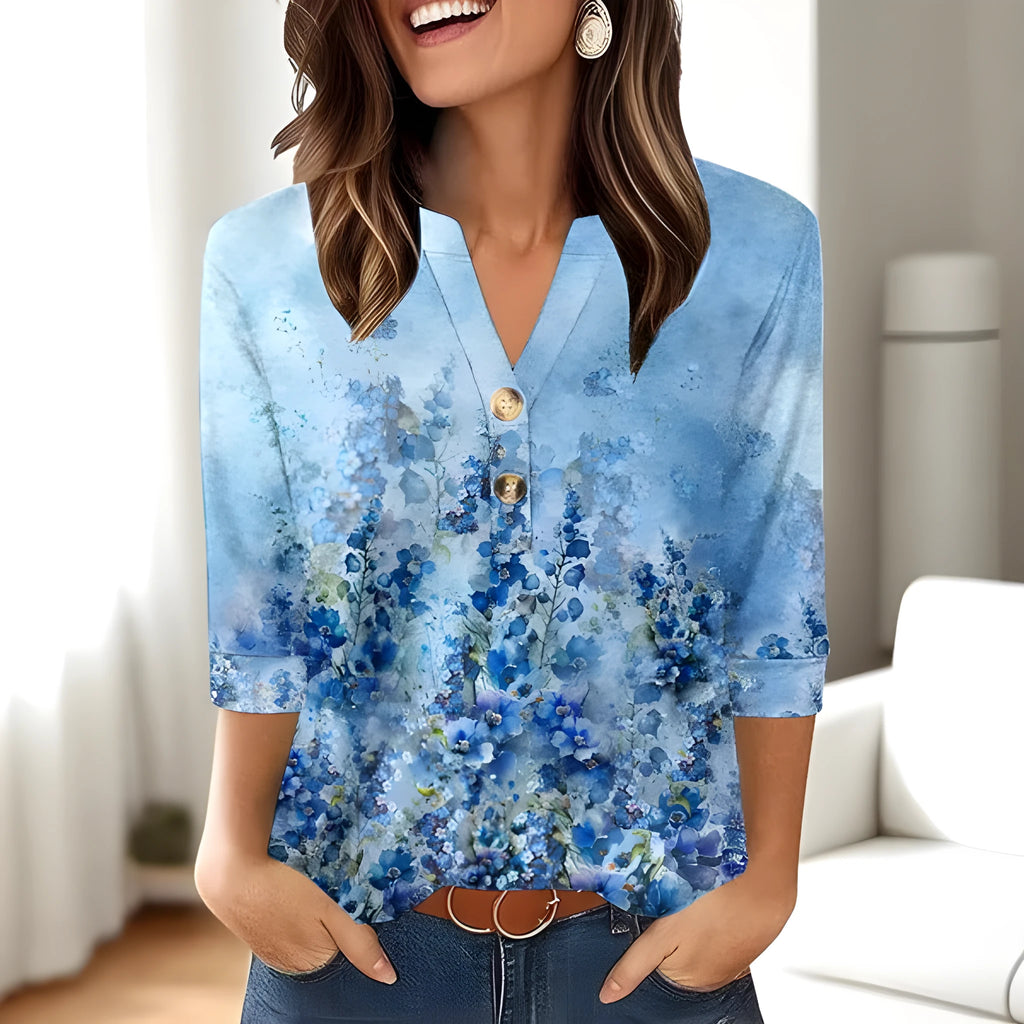 Women's casual loose fit V-neck top with 3D pattern in Japanese Korean style