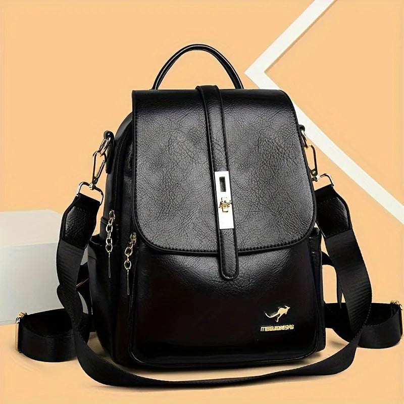 Simple ladies backpack in black with PU material and multiple pockets for commuting