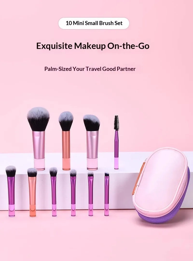 10-piece makeup brush set with fibre bristles, aluminium tubes, and crystal handles, plus a storage bag