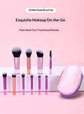 10-piece makeup brush set with fibre bristles, aluminium tubes, and crystal handles, plus a storage bag