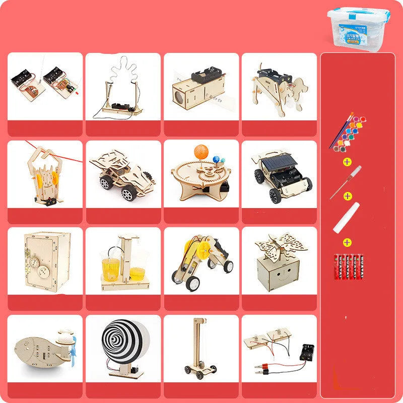 Wooden science kit with parts and accessories for children aged 7 to 14
