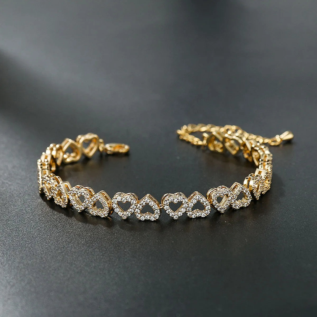 Girl's diamond bracelet with full diamond heart, silver electroplated finish, copper base, heart shaped jewellery for women