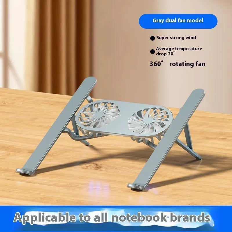 Silver aluminium laptop cooling stand with twin fans in folded position beside laptop