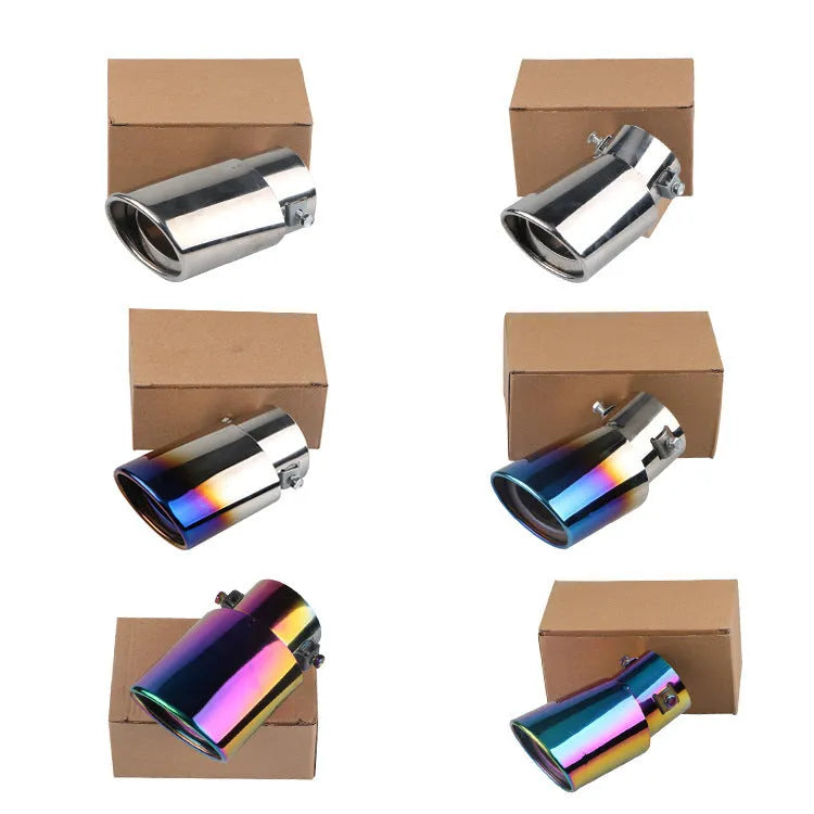 Stainless steel car exhaust tail pipe showing straight and curved style options in different coloured finishes.