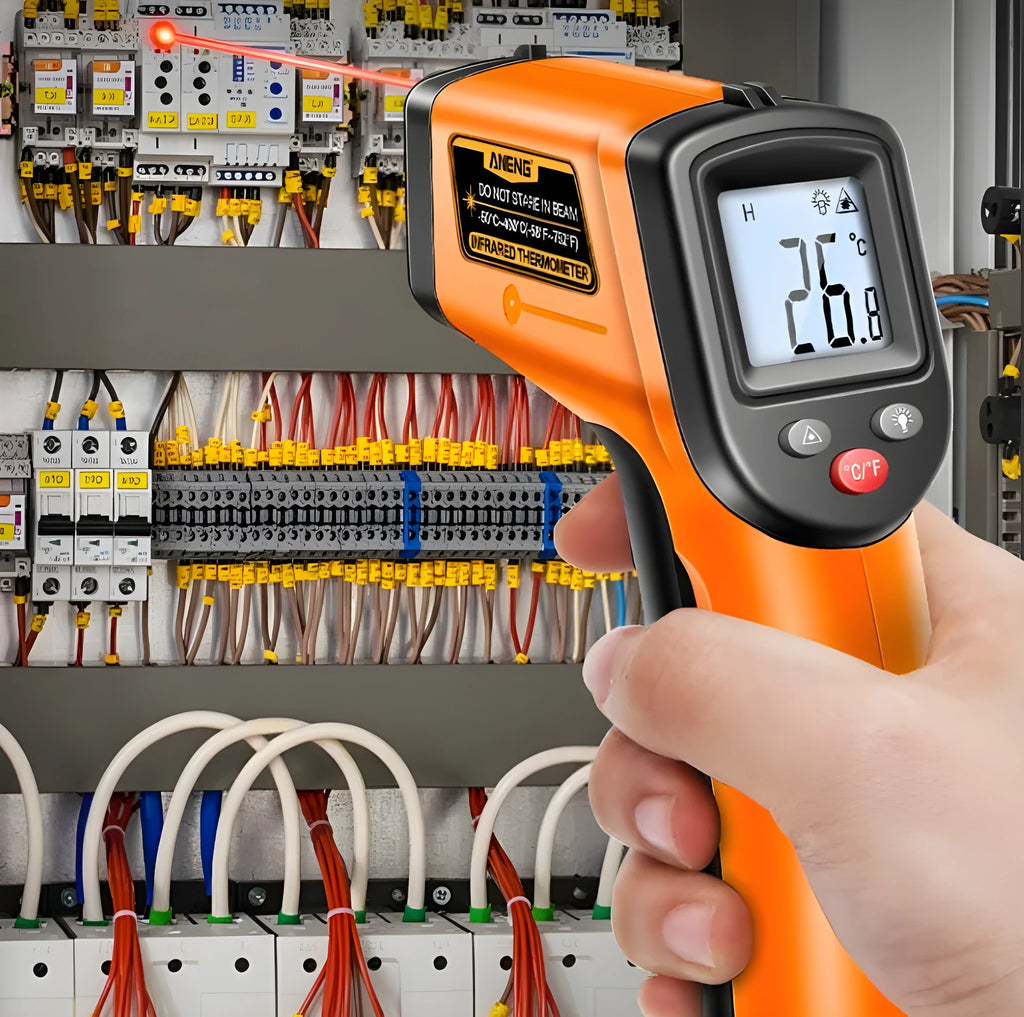 High precision infrared thermometer for industrial use, handheld device in black and orange