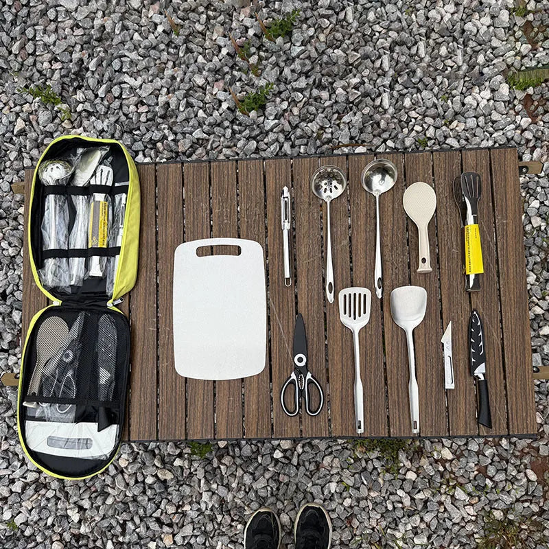 Portable 12 piece stainless steel picnic kitchenware set in storage bag for camping