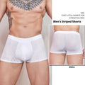 Men's striped underwear in thin transparent nylon fabric showing black, white and dark grey colour options
