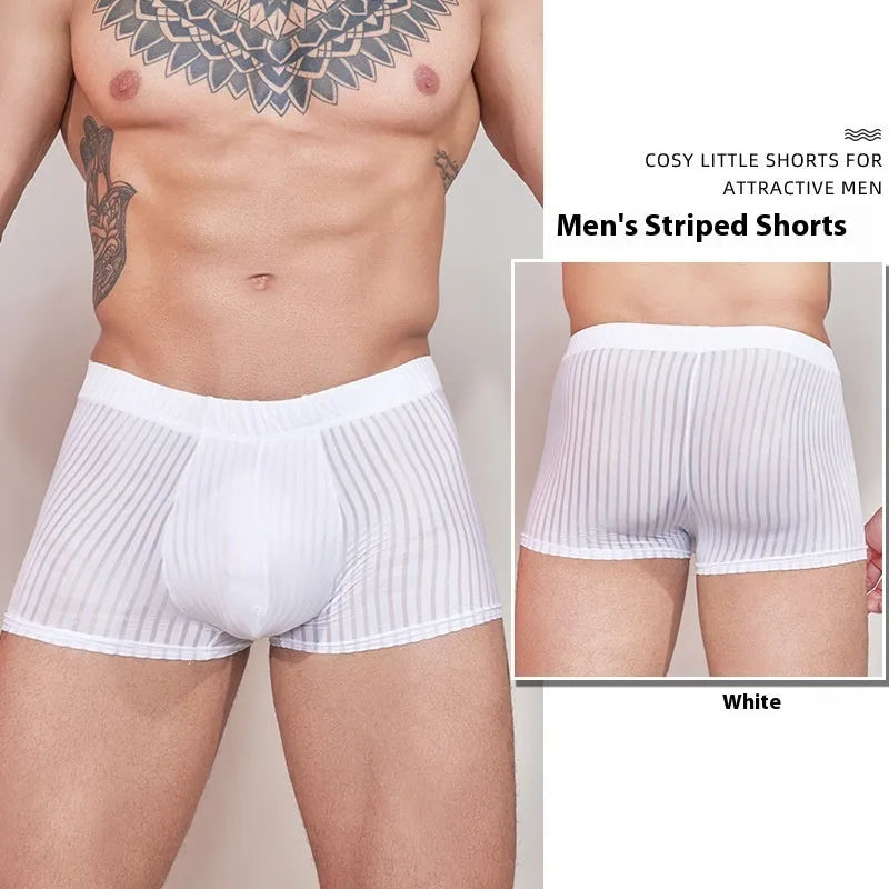 Men's striped underwear in thin transparent nylon fabric showing black, white and dark grey colour options