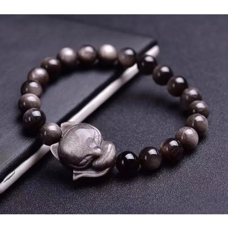 Dark obsidian fox charm bracelet with 8mm stone on silver chain