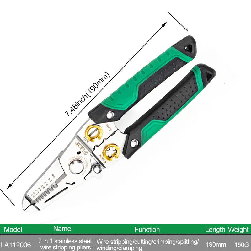 Stainless steel 7-in-1 wire stripper tool with two-colour ABS handle for optical fibre and electrical wires.